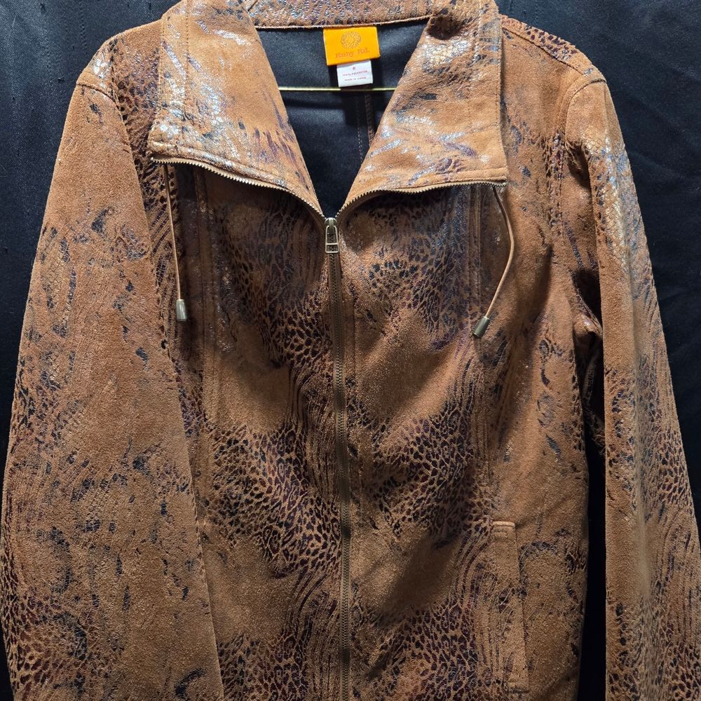 Ruby Rd. Brown Leather Jacket with Animal Print